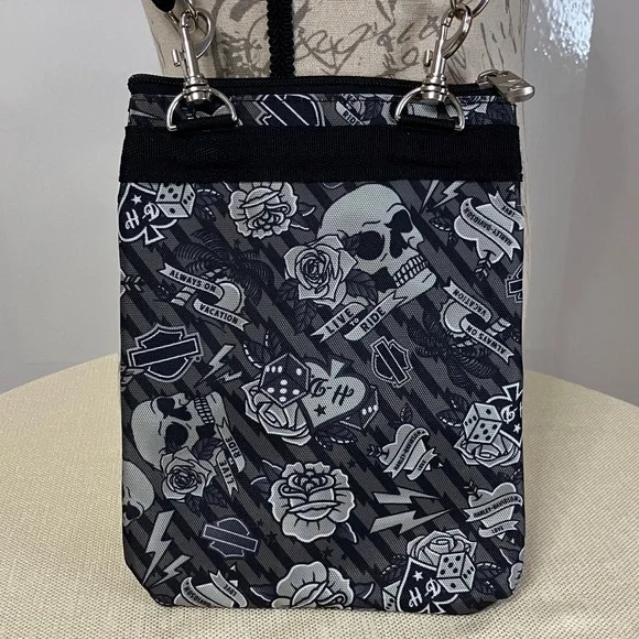 Harley Davidson Skull Tattoo Print Crossbody Bag Grey/Black - Picture 2 of 6